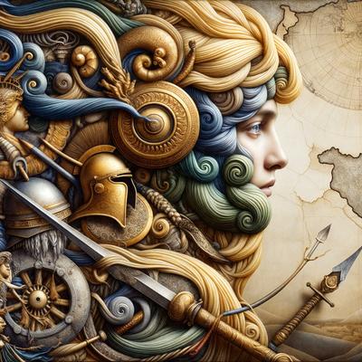 The primary subject of the image is a woman with long hair, who is wearing a crown and surrounded by various decorative elements. She is depicted as a goddess, and her hair is adorned with a golden crown. The setting is a combination of a map and a painting, creating a unique visual style. The colors and mood of the image are predominantly gold and blue, giving it a regal and majestic appearance.